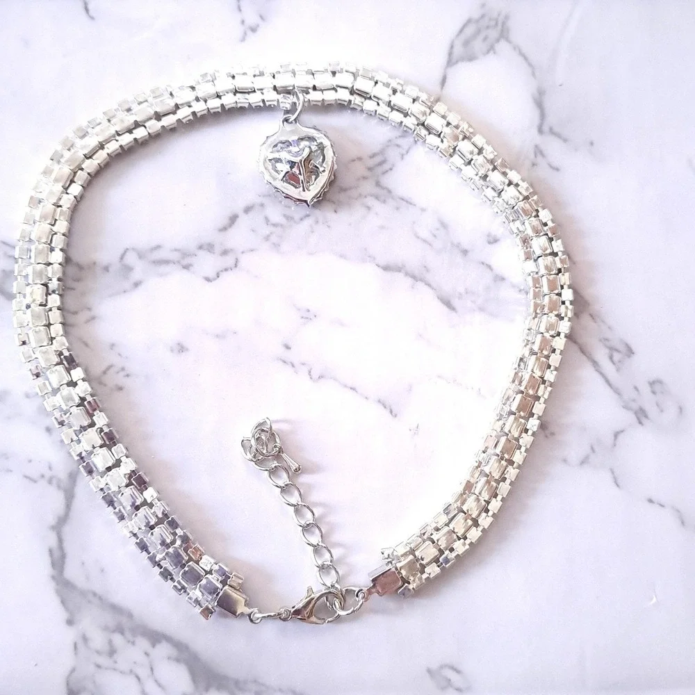 New Quirky Lizard Rhinestone Heart Collar Necklace Dog Cat XL Pink Silver Choker
